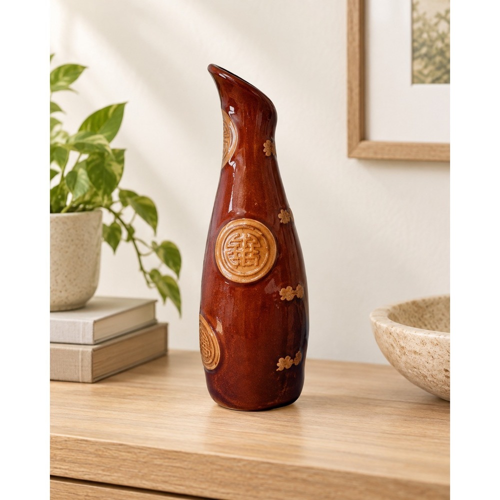 Brown Ceramic Vase Asian Inspired Symbols Tall Curved Art Pottery Home Decor